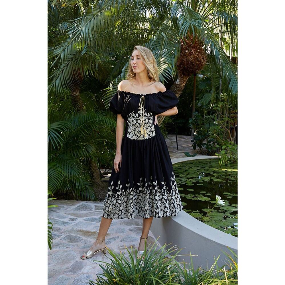 My Beachy Side Mariposa Off The Shoulders Embroidered Smocked Corset Dress Sz M